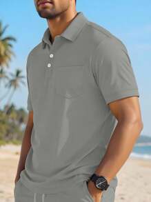 Manfinity Dauomo Men's Solid Color Polo Shirt And Shorts Set, Fashion Summer Outfit - Light Grey - View 3