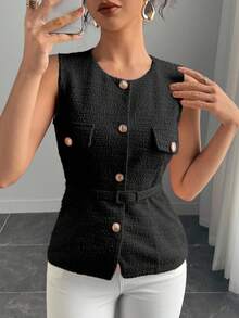 DAZY 女式 V 领无袖收腰修身背心 - 黑色 - 查看 1