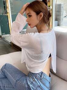DAZY 开衩后落肩短款上衣长袖女式上衣，秋季女装 - 白色 - 查看 7