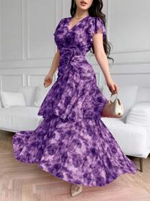 Modelyn Women's Elegant Tie Dye Print Dress, Summer - Purple - View 3
