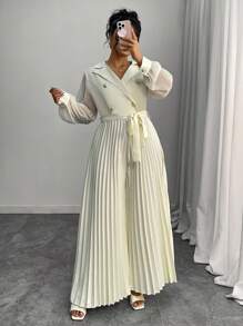 Elenzga 1 pièce Combinaison longue plissée à manches longues en mousseline de soie avec empiècement, amincissante à la taille, élégante tenue décontractée chic pour femmes grandes tailles. Vêtement d'automne pour femmes grandes tailles - Nude - Voir 6
