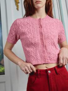 lacRébo 可爱柔软触感粉色麻花针织修身短款上衣，配粉色纽扣，可爱秋季上衣，女士办公室装，时尚装扮，秋冬上衣 - 粉色 - 查看 7