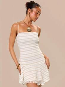 MUSERA 细肩带条纹钩编针织低腰迷你连衣裙，适合生日、夏季假期、节日、可爱休闲优雅的场合，例如托斯卡纳阳光、伊比沙岛音乐会、海滩、7月4日、秋季、新娘、单身派对、告别单身派对、婚礼。 - 白色 - 查看 1