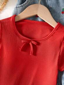 SHEIN Genkimix Kids Toddler Girls T-Shirt Set, Red Ribbed Knit Top, Embroidered Denim Pants With Cherry Pattern, Sweet & Fashionable Style, Suitable For Spring, Summer, Autumn - Red - View 5