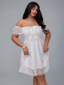 Flirla Robe à épaules dénudées, grande taille, style rétro romantique avec imprimé floral et nœud papillon, coupe évasée - Blanc - Voir 3