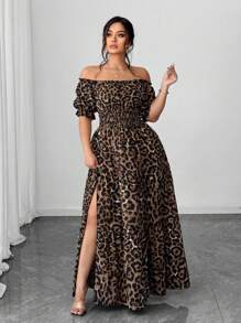 Elenzga Váy maxi hở vai thanh lịch thường ngày màu xanh denim trơn dành cho nữ cỡ lớn, xuân/hè - màu nâu - Xem 3