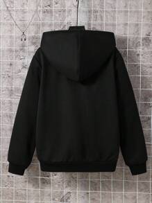 SHEIN 青少年男孩休闲宽松连帽图案夹克，适合运动、上学、春夏秋冬 - 黑色 - 查看 2