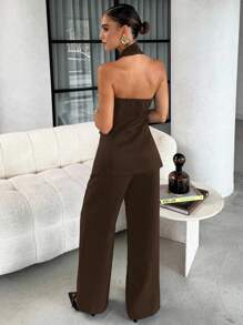 Lavishia Sophisticated Gold Rose Buckle Black Halter Top + Flare Pants 2 Pieces Set, Suitable For Daily Commute - Chocolate Brown - View 2