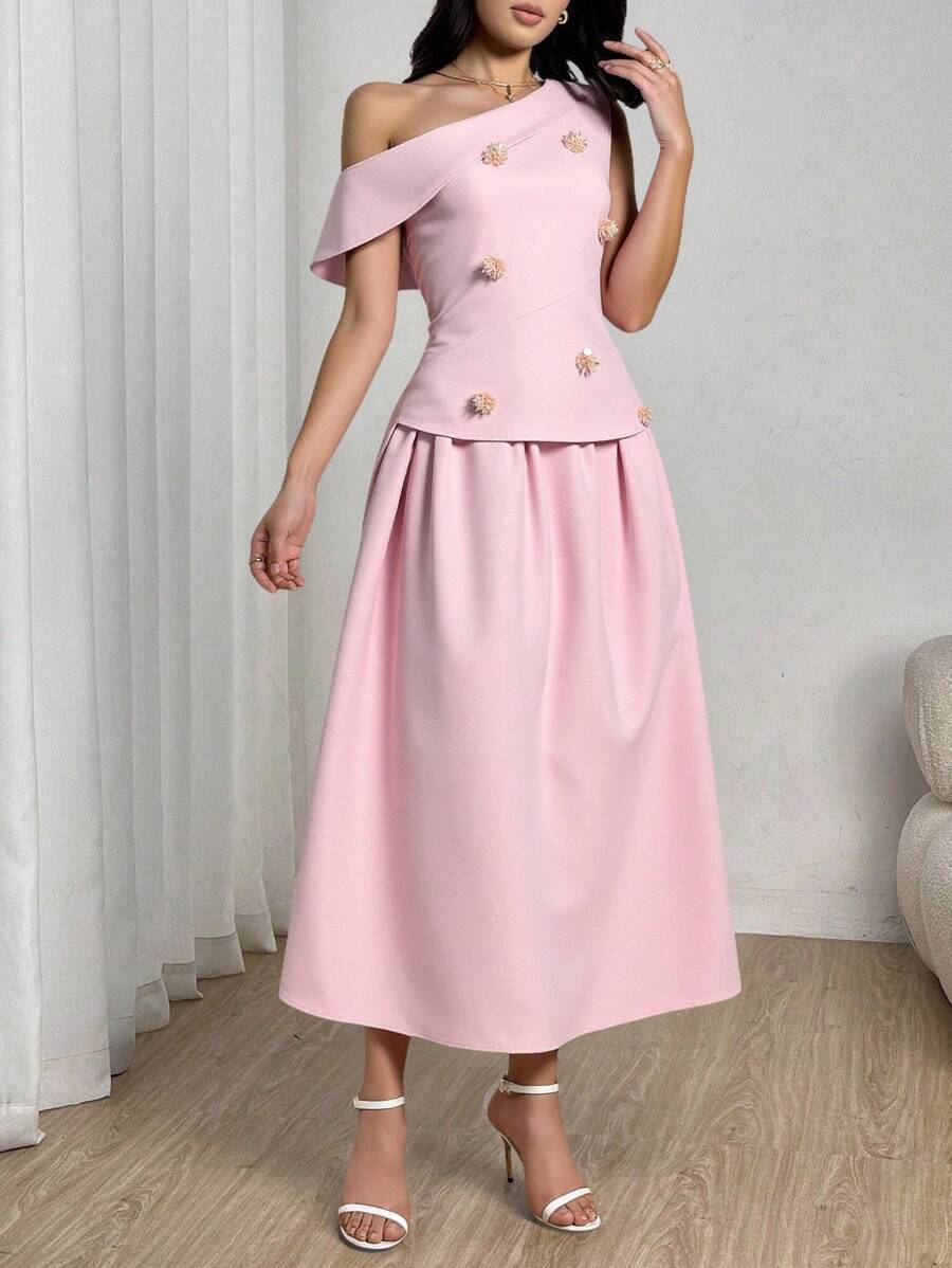 Modelyn Set de 2 piezas compuesto por top ajustado y falda con decoración floral con lentejuelas y strass, cuello asimétrico, para mujer, de verano, elegante - Rosa - Ver 1