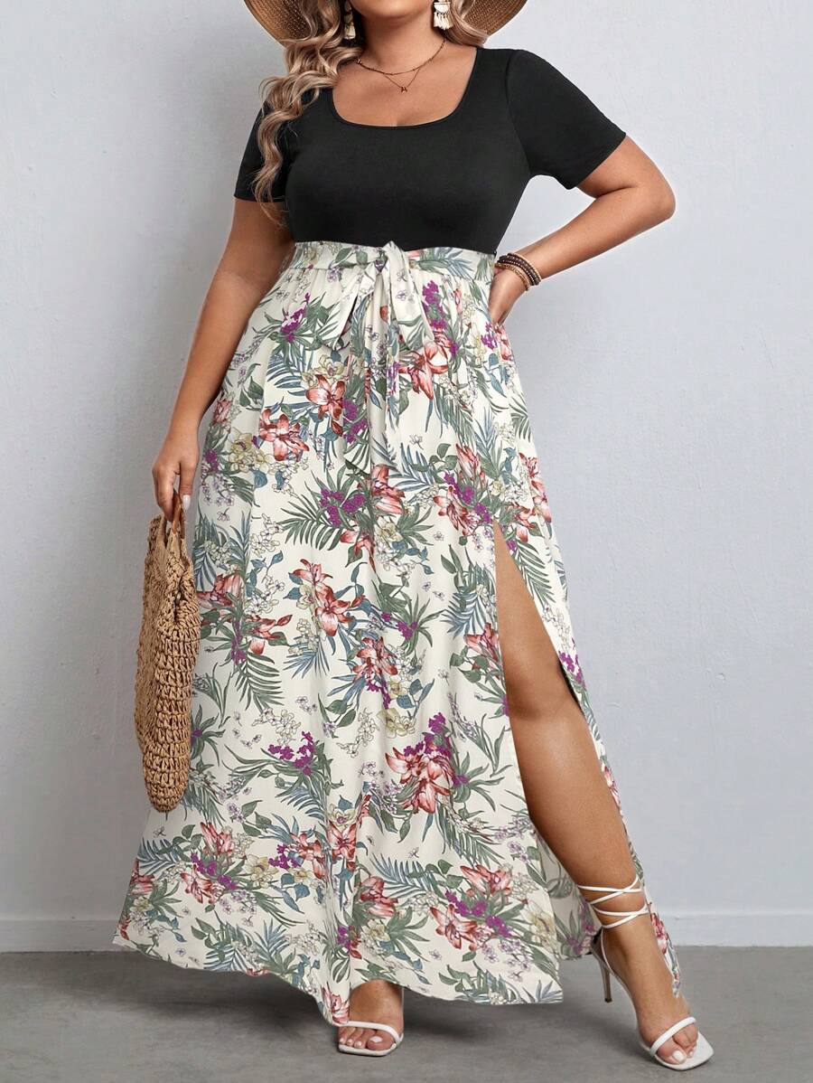 SHEIN VCAY Plus Size Women Vacation Tropical Plant Print Side Slit Hem Short Sleeve Casual Dress