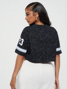 SHEIN SXY Washed Gray Numeric Print Athleisure Graphic Tee Cropped Jersey - Grey - View 2