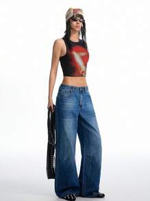 LYSMO Women's Casual Everyday Washed Slant Pocket Pearl Decor Wide Leg Jeans - Blue - View 5