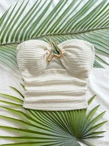 Soleia Blusa corta de punto acanalado y texturado de color albaricoque con decoración de botón metálico en forma de corazón hueco, silueta entallada, adecuado para fiesta, cita, té de la tarde, vacaciones en la playa, festival de música, carnaval, se puede usar como interior o exterior - Albaricoque - Ver 3