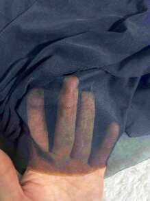 DAZY 1 Áo thun nữ tay dài phối lưới xếp ly dây mảnh màu trơn, áo màu xanh, thích hợp cho mùa hè - Màu xanh hải quân - Xem 6