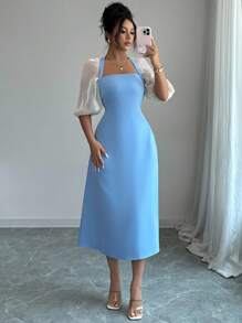 Elenzga Women's Elegant A-Line Dress With Patchwork, Contrast Color Puff Sleeves, For Afternoon Tea Party, Weddings, Lightweight Beach Resort Vacation, Spring/Summer