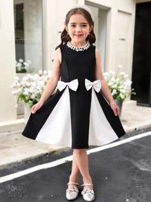 SHEIN Leap Crew Young Girl Class Blak & White Color Block Neck Pearls Decor Elegant Bowknot Decor Sleeveless Midi A-Line Dress, Cake Dress, Flower Girl, Cute & Elegant & Sweet & Vintage & Fashionable. Mom And Daughter & Sisters Matching, Family Vacation, Daily Wear, Home Family Gatherings And Special Occasions, Sibling Outfits, Gorgeous Princess, Party Wear, For Birthdays, Spring/Summer. - Black and White - View 8