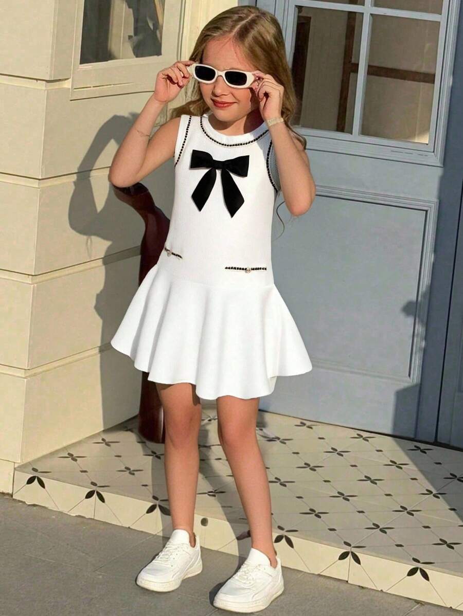 Elladie kids 女童和青少年时尚圆领无袖蝴蝶结装饰公主裙，夏季 - 白色 - 查看 1