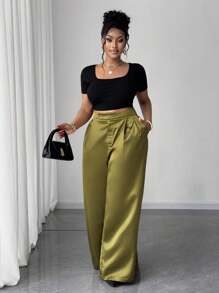 Maweii Plus Size Women High Waist Solid Color Pleated Wide Leg Loose Pants - Green - View 2