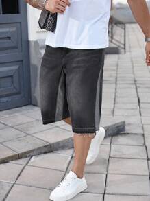 Manfinity Homme Short en jean ample, décontracté et mode de rue pour hommes grande taille, avec contraste de couleurs et bord brut - Gris - Voir 3