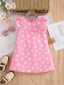 SHEIN Young Girl Floral Print Chiffon Mini Dress With Ruffled Cap Sleeve, Lovely For Vacation Daisy Dress Pink Daisy Dress Pink Floral Dress For Young Girls Girl Pink Dress Floral Toddler Dress - White - View 1
