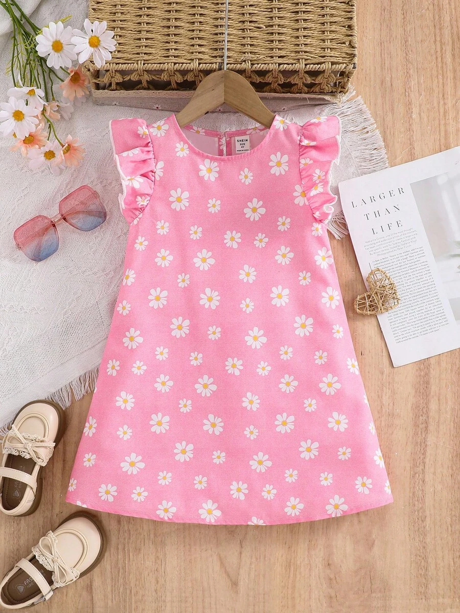 SHEIN Young Girl Floral Print Chiffon Mini Dress With Ruffled Cap Sleeve, Lovely For Vacation Daisy Dress Pink Daisy Dress Pink Floral Dress For Young Girls Girl Pink Dress Floral Toddler Dress - White - View 1