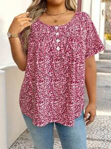 SHEIN Plus Size Casual Short Sleeve Loose Ditsy Floral Shirt - Multicolor - View 6