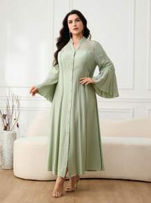 Al Najma Plus Size Women Arabic Style Contrast Lace Bell Sleeve Single-Breasted Elegant Dress