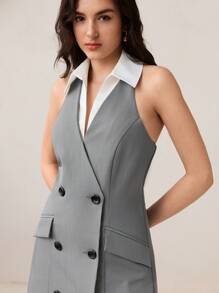 BizChic Women's Summer Fashion Commuting Contrast Collar Double-Breasted Halter Short Dress