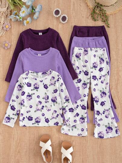 SHEIN Vintaside Kids 3 件套年轻女孩日常休闲紫玫瑰拼接纯色圆领长袖 T 恤 + 喇叭裤套装