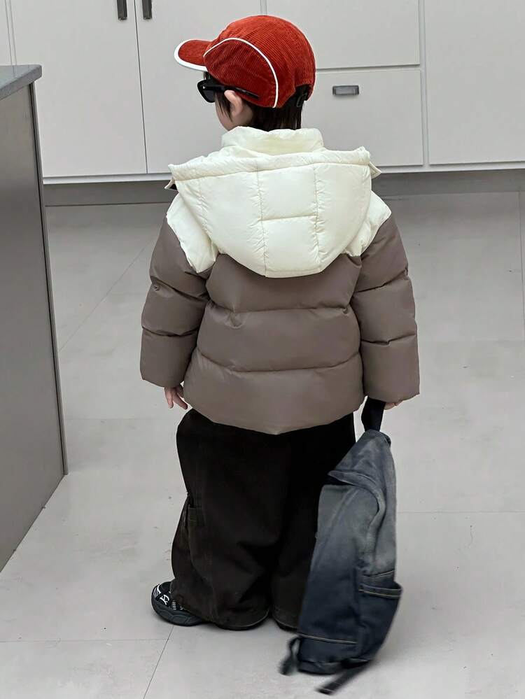Toddler Boys' Color Block Korean Style Hooded Padded Coat, Winter Street Wear