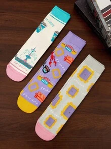 FRIENDS X SHEIN 3 pares de calcetines informales de mujer hasta el tobillo, suaves y transpirables, que absorben la humedad, de moda y lindos, con refuerzo en los dedos y el talón para mayor durabilidad, aptos para todas las estaciones y combinables con todo