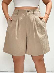 SHEIN Essnce Plus Size Moda Feminina Roupas de Verão Para Mulheres Roupas de Praia Para Mulheres Negócios Casual Mulher Roupas de Trabalho Mulheres Calças Largas Shorts de Cintura Alta Casual Deslocamento Férias Calças de Bolso Cáqui 5 Pontos, Calças de Linho Shorts Para Mulheres Calças Fluídas
