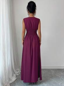 Selianne Women's Elegant Deep Purple Shirred Sleeveless Long Dress,Autumn Dinner Date French Sicilian Style Gathers,Solid Color Casual Commute Party - Maroon - View 4