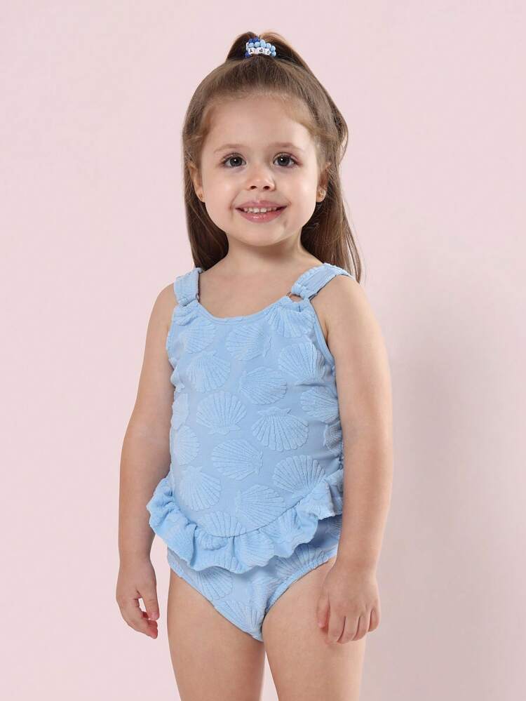 One Piece Swimsuit With Shell Pattern And Ruffle Detail