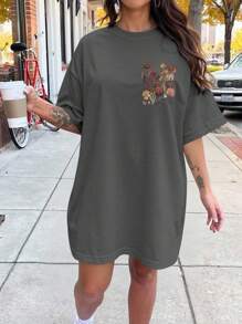 SHEIN Unity Plus Size Women Floral Print Round Neck Drop Shoulder Casual T-Shirt, Summer - Dark Grey - View 2