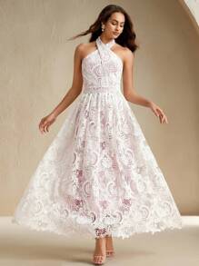 Anewsta Rochie maxi pentru femei, elegantă, simplă, sexy, modernă, pentru petreceri, de sărbători, cu imprimeu încrucișat, fără mâneci, fără spate, cu fermoar, albă, din dantelă solubilă în apă, cu model pelerină, cu căptușeală contrastantă, cu tiv din dantelă poziționată - alb - Vizualizare 5