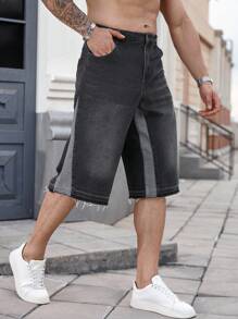 Manfinity Homme Short en jean ample, décontracté et mode de rue pour hommes grande taille, avec contraste de couleurs et bord brut - Gris - Voir 1