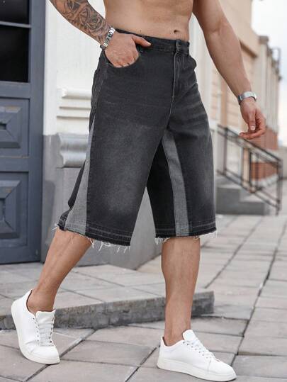 Manfinity Homme شورتات جينز فضفاضة للرجال قياس كبير بحواف خشنة، ذات ألوان متباينة، لموضة الشارع الصيفية الكاجوال