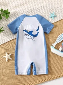 SHEIN 男婴可爱卡通鲨鱼印花拼接短袖连体泳衣，夏季休闲度假沙滩泳装 - 彩色 - 查看 1