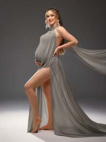 Cheriluna Maternity 孕妇纯色侧开衩下摆露背连衣裙孕妇装拍摄服装 - 深灰色 - 查看 1