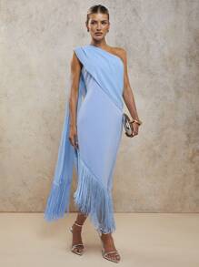 COSMINA Women's Solid Color Ruched Fringed Hem Dress, Elegant Long Dress