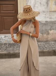 Brillora 2pcs/Set Women Vacation Casual Solid Color Halter Neck Top & Wide Leg Pants Set - Apricot - View 1