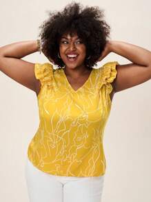 SHEIN LUNE Plus Size V-Neck Sleeveless Printed Casual Blouse Mardi Gras, Rave - Yellow - View 3