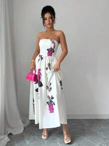Elenzga Vestido sin mangas con estampado floral tejido y corsé en la cintura, apropiado para reuniones, cenas formales y vestidos de noche de lujo
