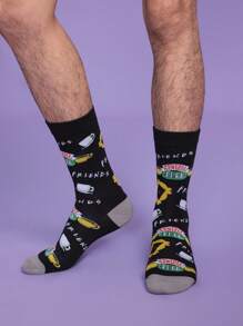 FRIENDS X SHEIN 3 pares de calcetines informales tipo media hasta el tobillo, suaves y transpirables, con diseños de dibujos animados, de color gris y negro de moda, con dedos y talones reforzados para mayor durabilidad, unisex para hombres y mujeres, aptos para todas las estaciones y a juego con cualquier atuendo