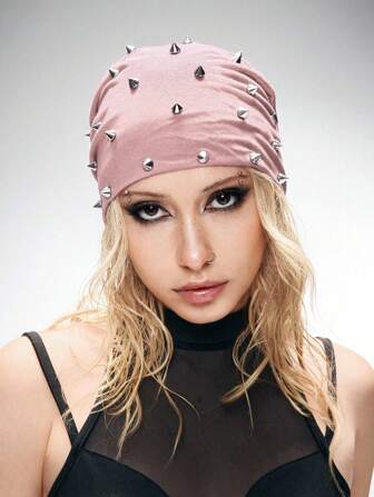 Grunge Punk 1pc Punk Style Studded Lightweight Beanie, Y2K High-Quality Vintage Solid Light Pink Slouchy Hat, Fashionable Casual Wear All Season