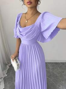 Elenzga New Design Women's Plunging Neck Short Sleeve Heavily Ruffled Back Elegant Dress, Wedding Party Lightweight Dress With Anti-Slip Collar, Flattering & Versatile