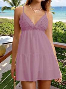 Sunnyshic Women's Casual Vacation Versatile Daily Solid Color Lace Splice Embroidered Plunge Mini Dress, Spring/Summer - Pink - View 6