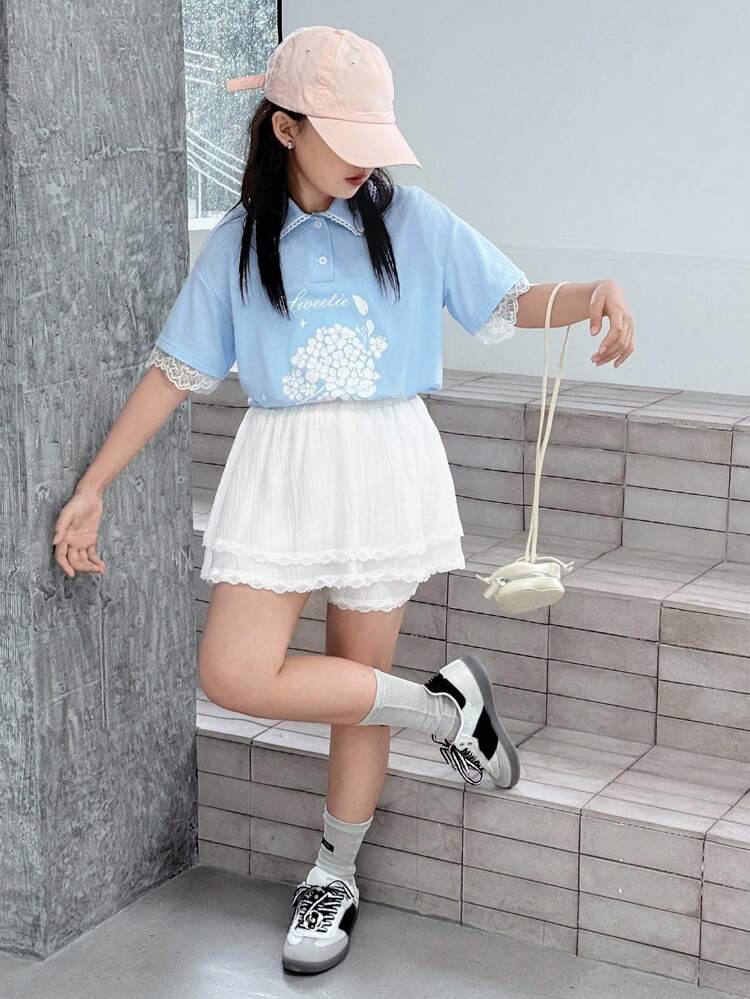 2pcs/Set Tween Girls ' Polo Collar Knit Printed Short Sleeve T-Shirt & Skirt Outfit, Summer,Back To School Clothes