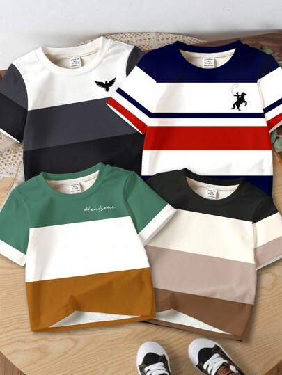 4 件装男婴休闲短袖经典拼色图案印花 T 恤，酷炫骑士图案，简约老鹰图案，适合夏季